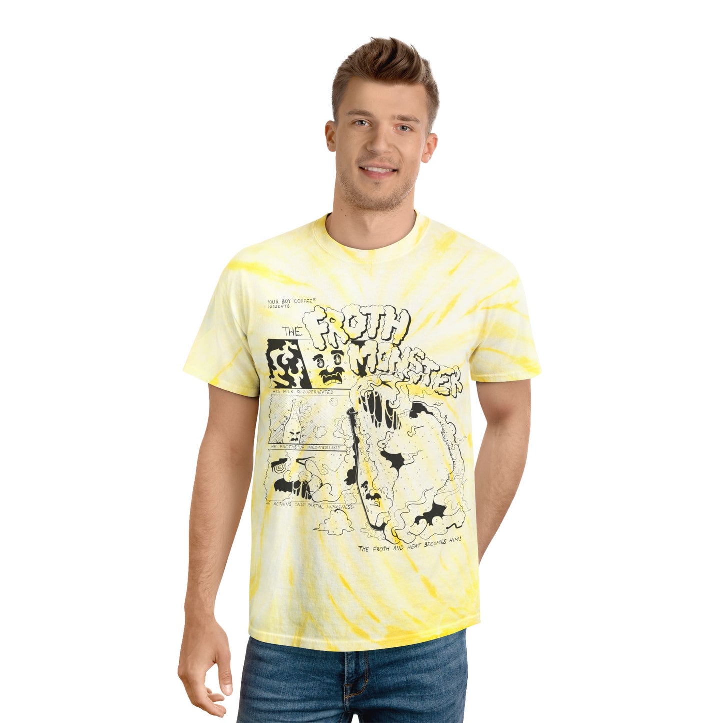 Froth Monster: "The Froth and Heat Becomes Him!" Yellow Tie Dye Tee Shirt